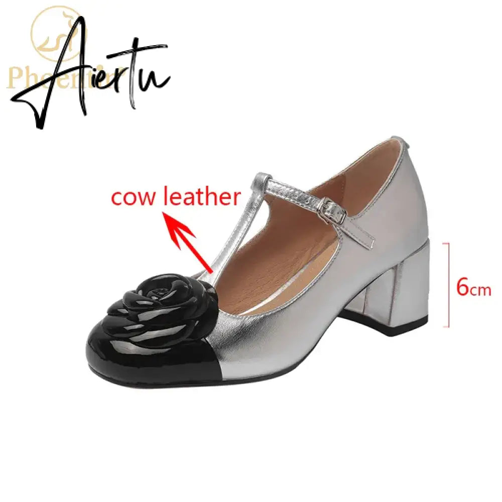 Elegant brand new T-strap mary janes shoes for woman Cow leather Fashion high Heels Party floral pumps silver Aiertu