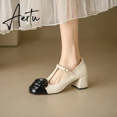 Elegant brand new T-strap mary janes shoes for woman Cow leather Fashion high Heels Party floral pumps silver Aiertu
