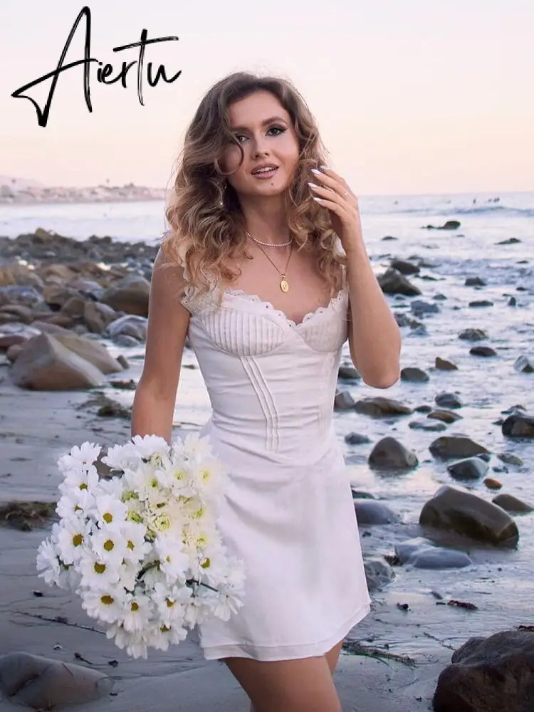 Elegant Casual Women's Dresses Cotton White Dress Sexy Birthday Dress V Neck A Line Holiday Lace Party Dresses Vintage Aiertu