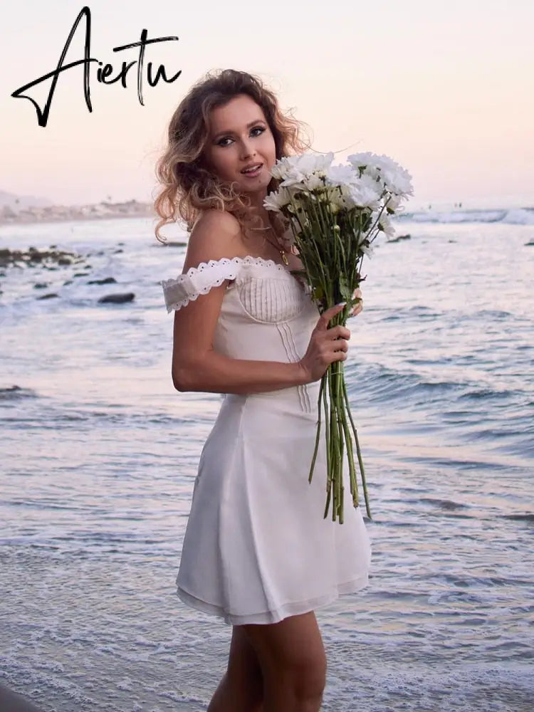 Elegant Casual Women's Dresses Cotton White Dress Sexy Birthday Dress V Neck A Line Holiday Lace Party Dresses Vintage Aiertu