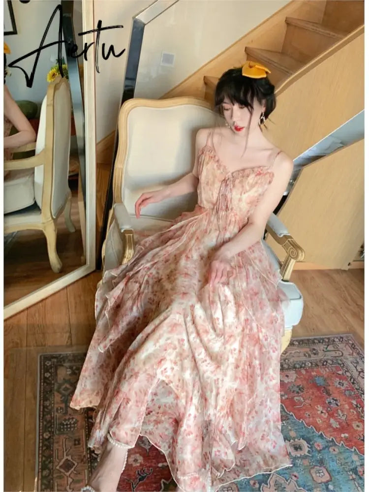 Elegant Chiffon Print Dress Women Retro Sexy Sweet Fit Chic Spaghetti Strap Lace-up Corset Dress Holiday Beach Summer Dress Aiertu