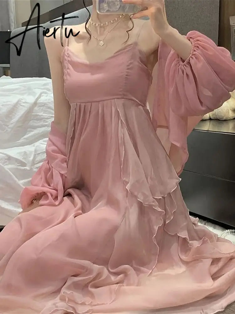 Elegant Chiffon Print Dress Women Retro Sexy Sweet Fit Chic Spaghetti Strap Lace-up Corset Dress Holiday Beach Summer Dress Aiertu