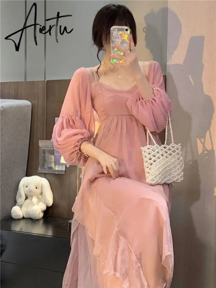 Elegant Chiffon Print Dress Women Retro Sexy Sweet Fit Chic Spaghetti Strap Lace-up Corset Dress Holiday Beach Summer Dress Aiertu