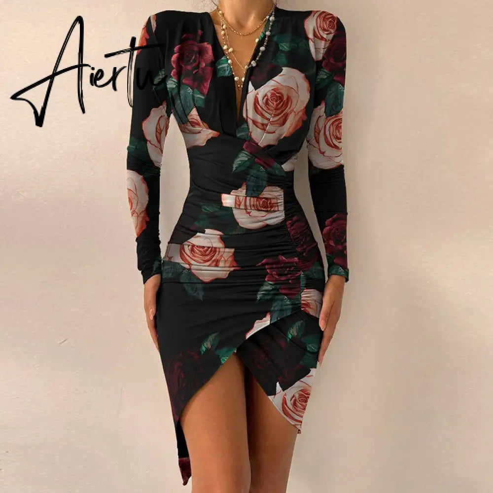 Elegant Dresses For Women V Neck Leopard Stitching Print Sexy Dress Women Autumn High Waist Slim Office Ladies Dress Aiertu