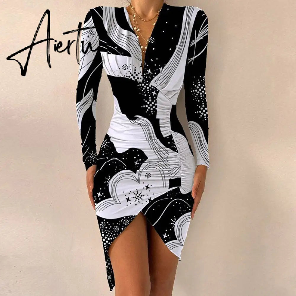 Elegant Dresses For Women V Neck Leopard Stitching Print Sexy Dress Women Autumn High Waist Slim Office Ladies Dress Aiertu