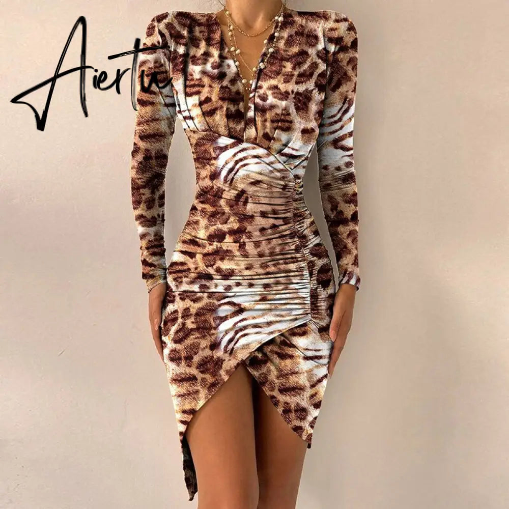 Elegant Dresses For Women V Neck Leopard Stitching Print Sexy Dress Women Autumn High Waist Slim Office Ladies Dress Aiertu