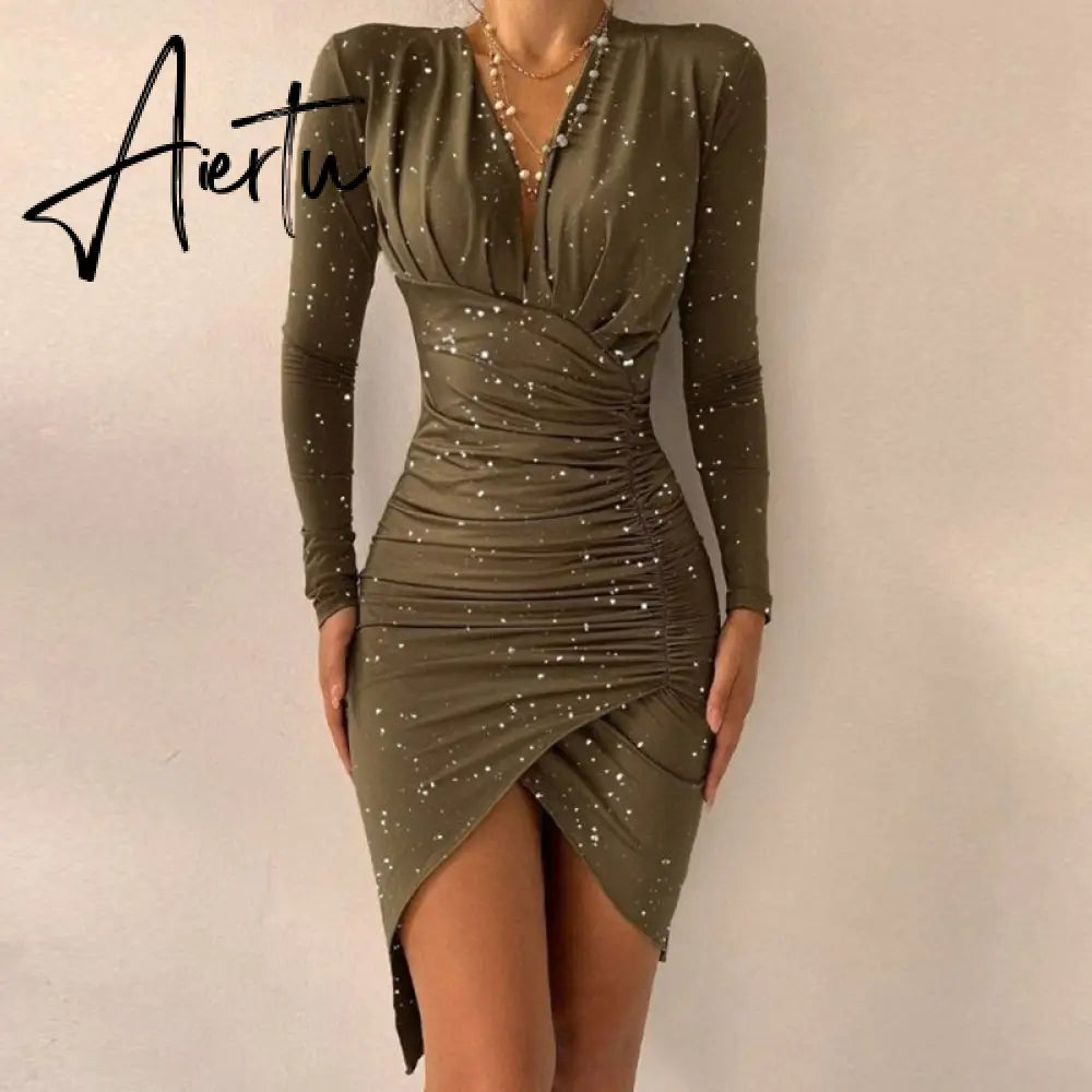 Elegant Dresses For Women V Neck Leopard Stitching Print Sexy Dress Women Autumn High Waist Slim Office Ladies Dress Aiertu