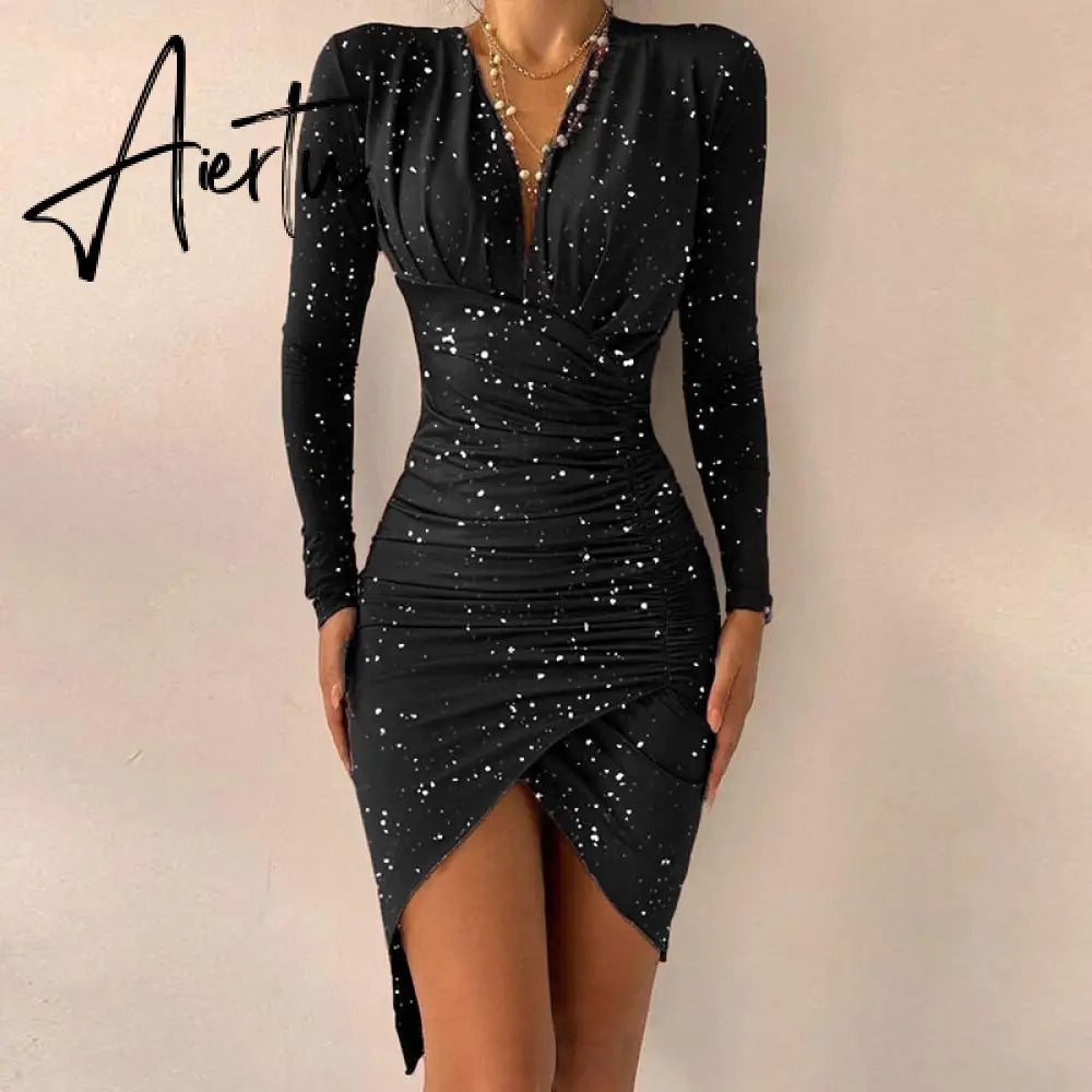 Elegant Dresses For Women V Neck Leopard Stitching Print Sexy Dress Women Autumn High Waist Slim Office Ladies Dress Aiertu