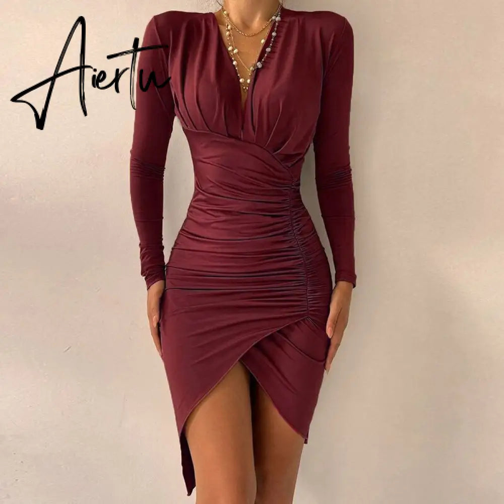 Elegant Dresses For Women V Neck Leopard Stitching Print Sexy Dress Women Autumn High Waist Slim Office Ladies Dress Aiertu
