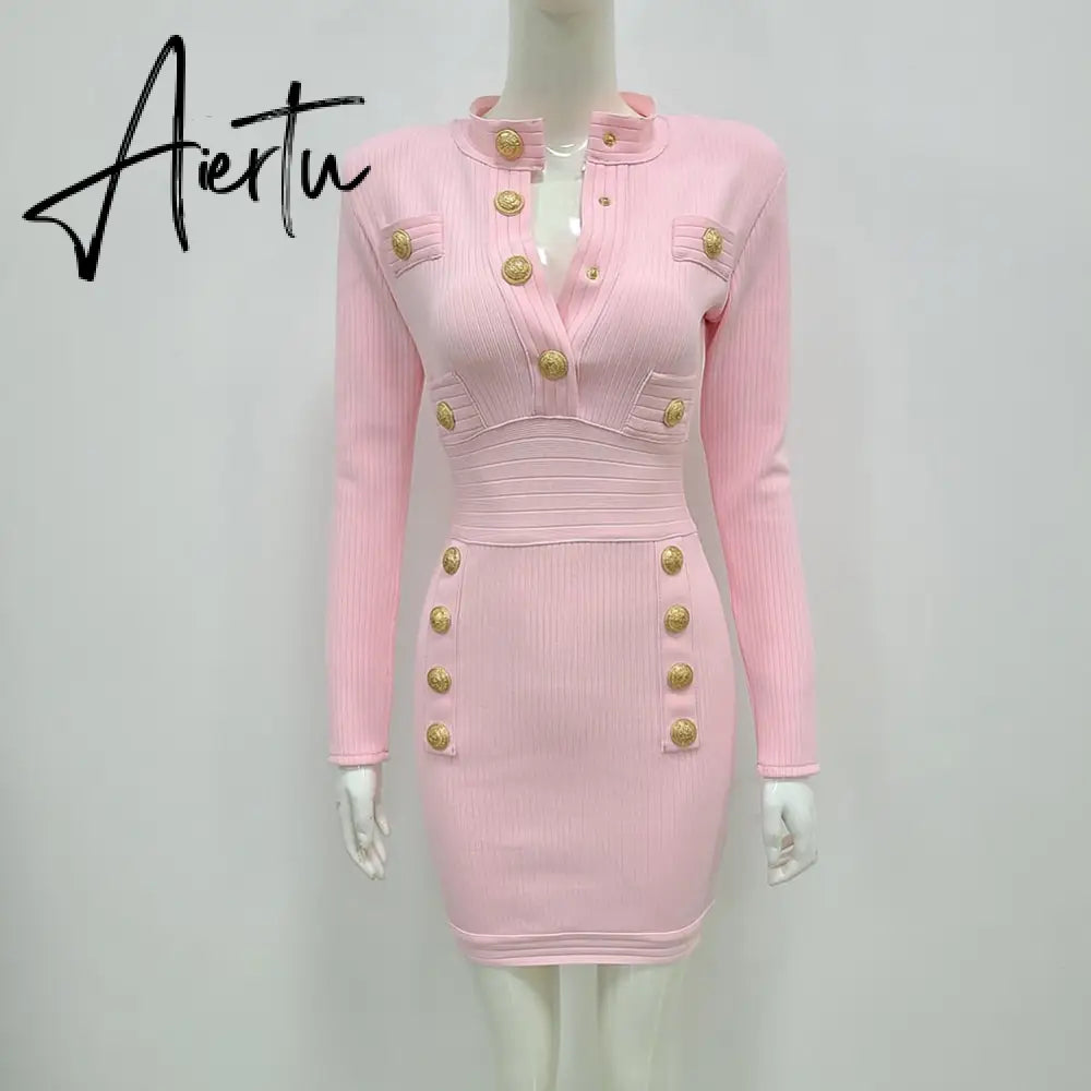 Elegant Evening Club Party Dress New Winter Style Sexy Long Sleeve Key Hole Button Pink Mini Women Bodycon Bandage Dress Aiertu