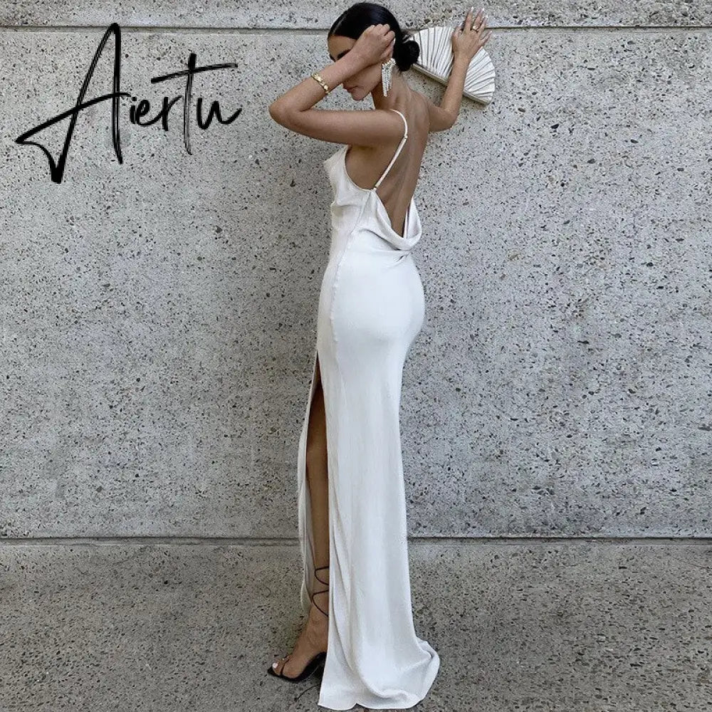 Elegant Fashion Halter Sexy Backless Split Maxi Dress Women Summer Women Party Sling Soild Dresses Clothes Aiertu