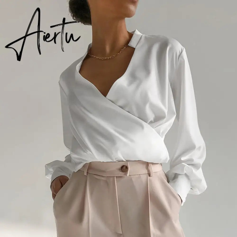 Elegant Office Blouse Autumn Women Sexy V Neck Long Lantern Sleeve Shirt Solid Casual Irregular Tunic Top Streetwear Aiertu