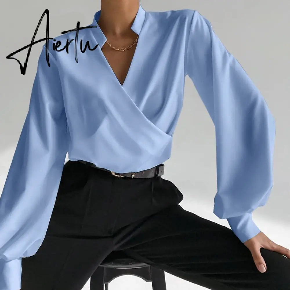 Elegant Office Blouse Autumn Women Sexy V Neck Long Lantern Sleeve Shirt Solid Casual Irregular Tunic Top Streetwear Aiertu