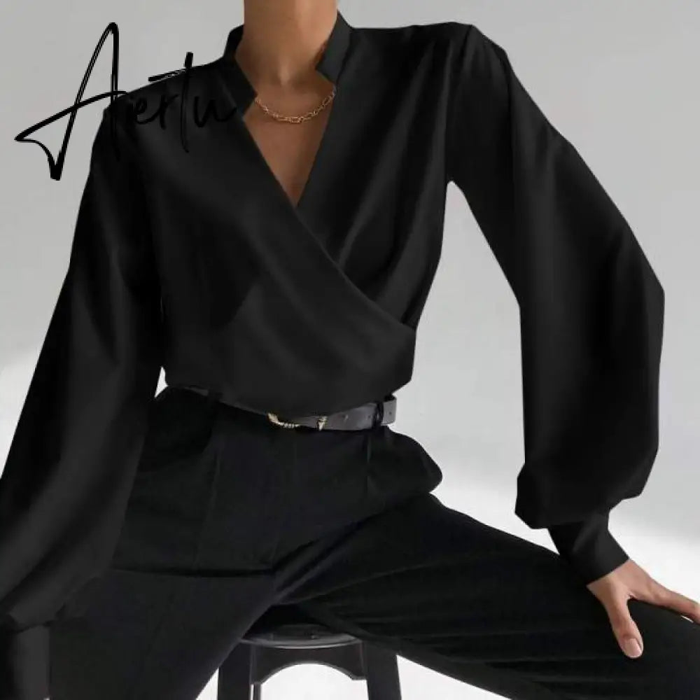 Elegant Office Blouse Autumn Women Sexy V Neck Long Lantern Sleeve Shirt Solid Casual Irregular Tunic Top Streetwear Aiertu