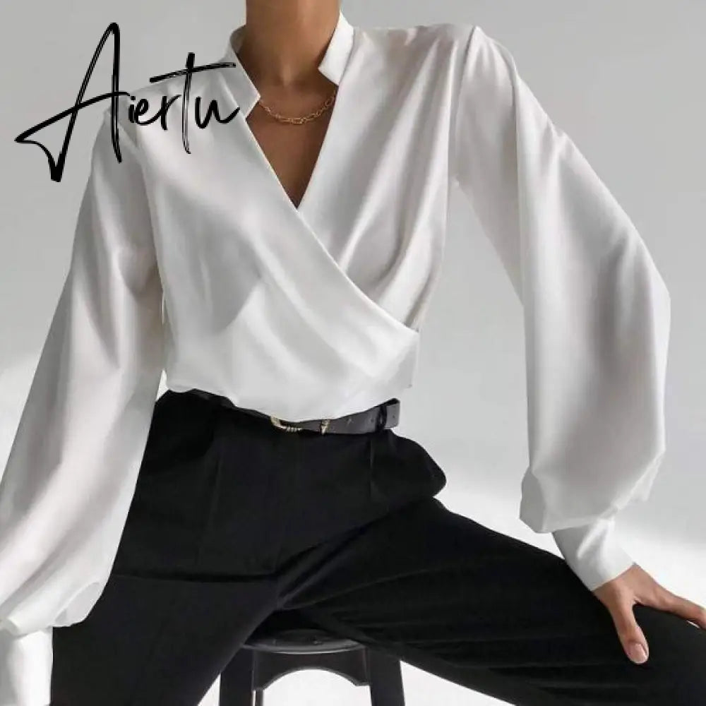 Elegant Office Blouse Autumn Women Sexy V Neck Long Lantern Sleeve Shirt Solid Casual Irregular Tunic Top Streetwear Aiertu