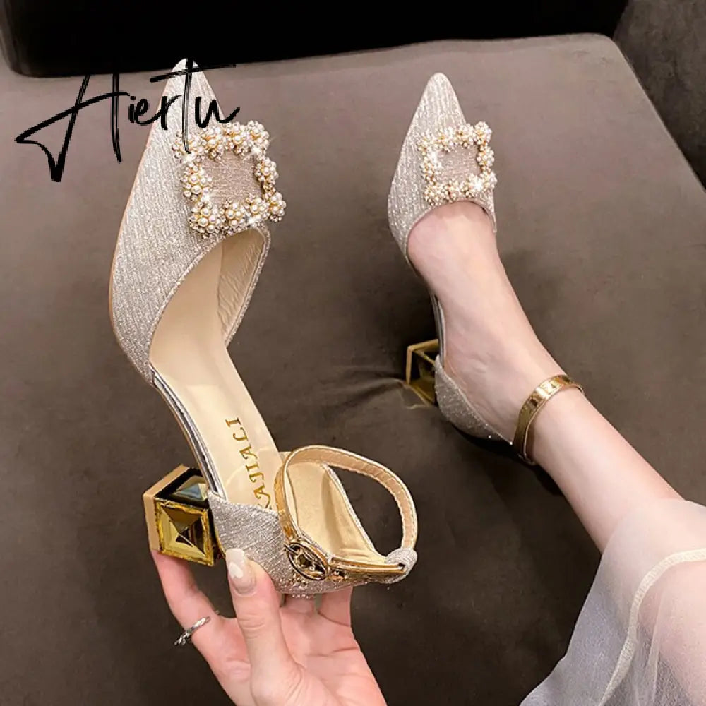Elegant Pearl Buckle Wedding Shoes Women New Pointed Toe Thick Heels Pumps Woman Shining Crystal High Heels Shoes Aiertu