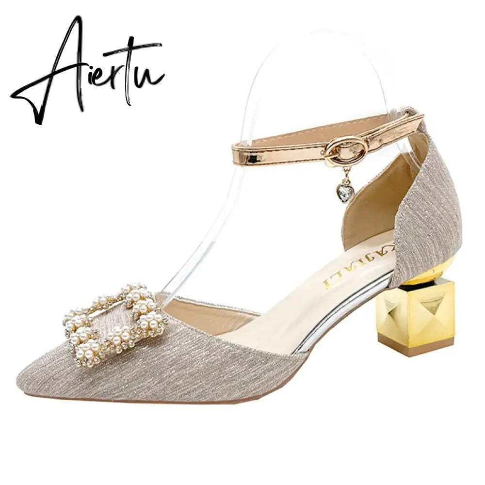 Elegant Pearl Buckle Wedding Shoes Women New Pointed Toe Thick Heels Pumps Woman Shining Crystal High Heels Shoes Aiertu