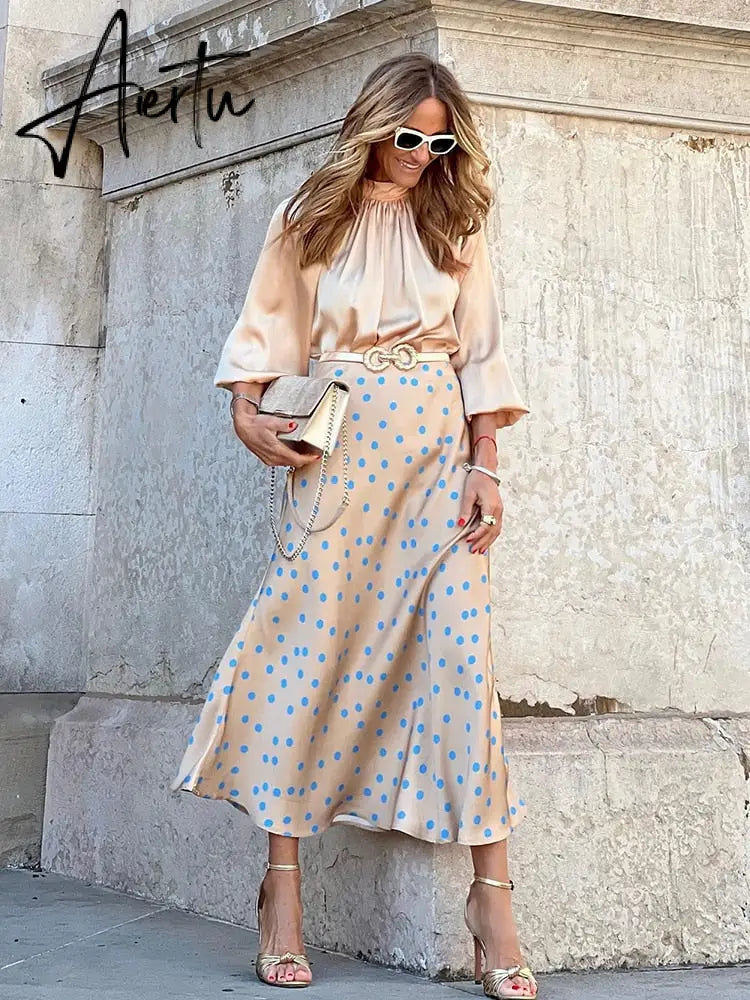 Elegant Polka Dot Casual Women Autumn Winter High Waist Maxi Skirt Falda Female A-line Khaki Women Skirt Aiertu