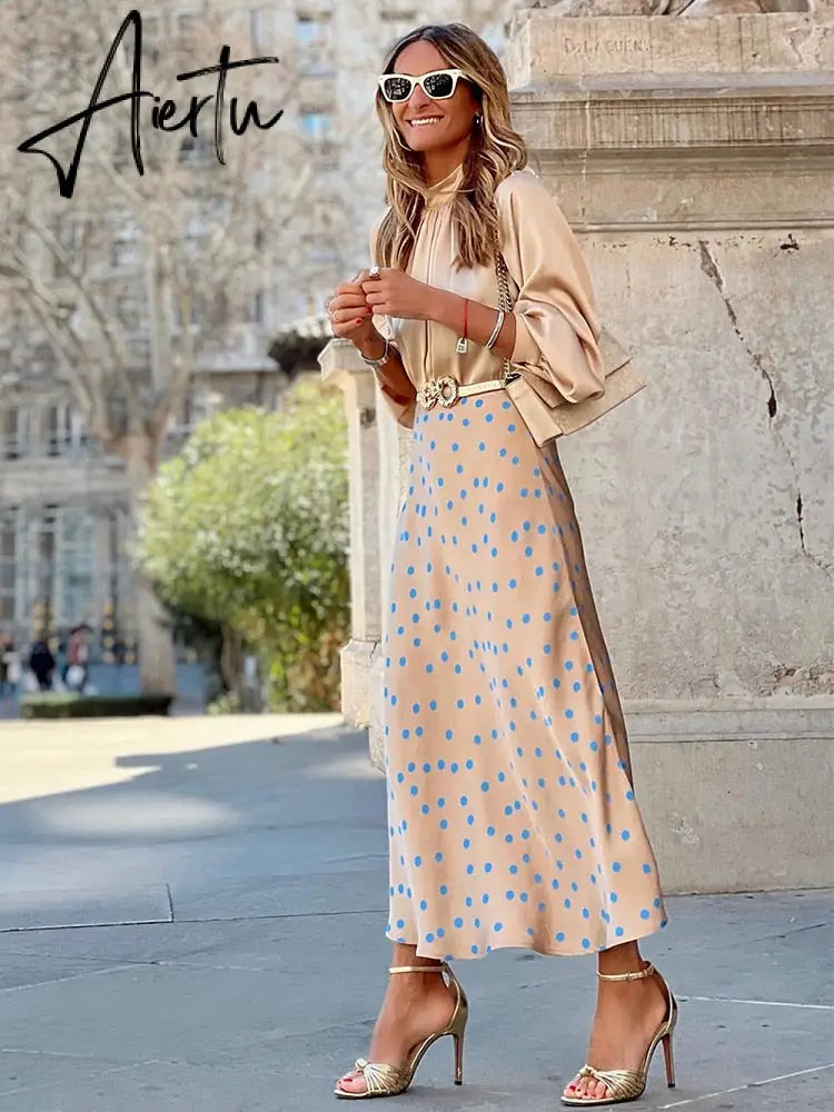 Elegant Polka Dot Casual Women Autumn Winter High Waist Maxi Skirt Falda Female A-line Khaki Women Skirt Aiertu