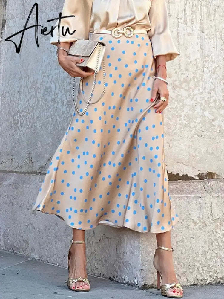 Elegant Polka Dot Casual Women Autumn Winter High Waist Maxi Skirt Falda Female A-line Khaki Women Skirt Aiertu