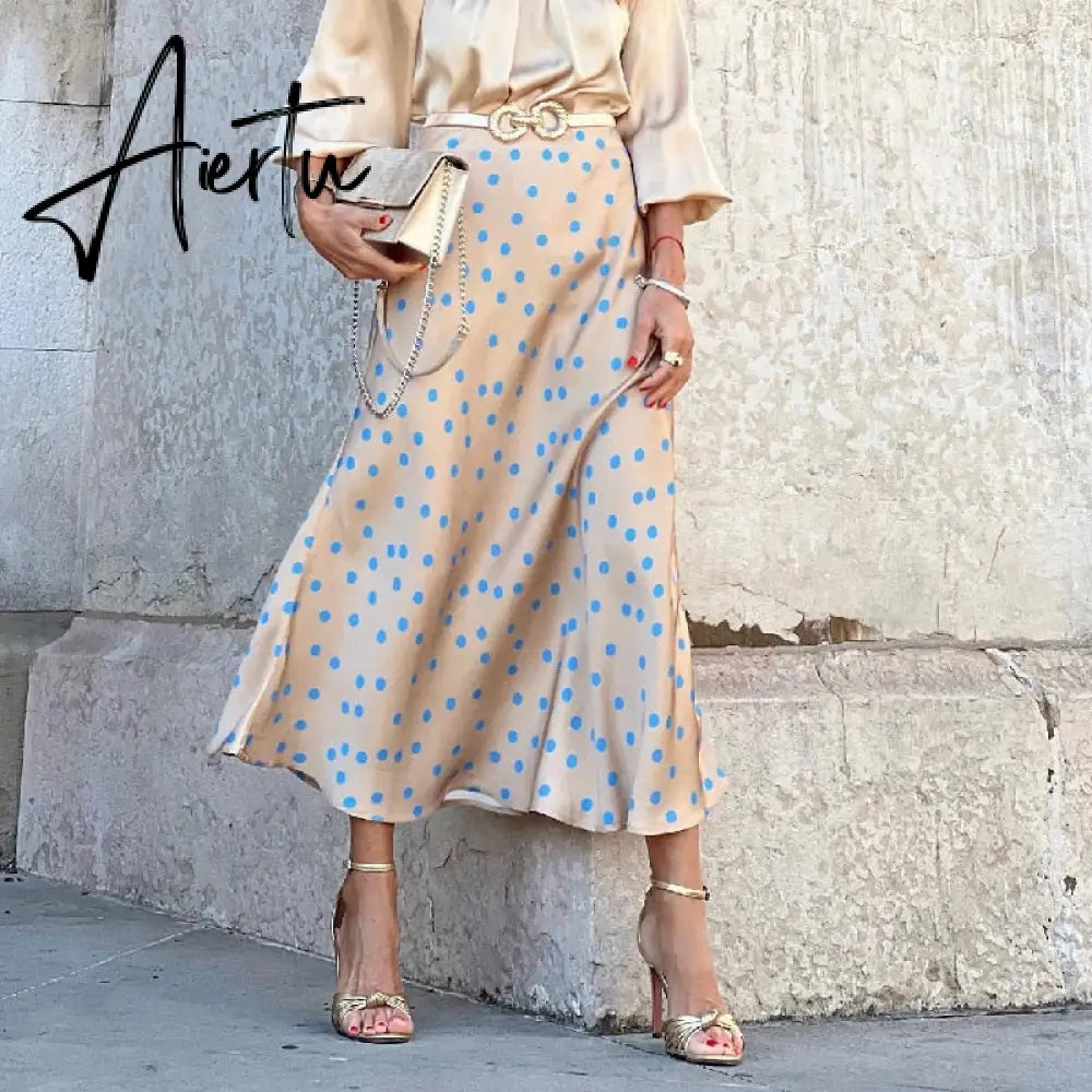 Elegant Polka Dot Casual Women Autumn Winter High Waist Maxi Skirt Falda Female A-line Khaki Women Skirt Aiertu