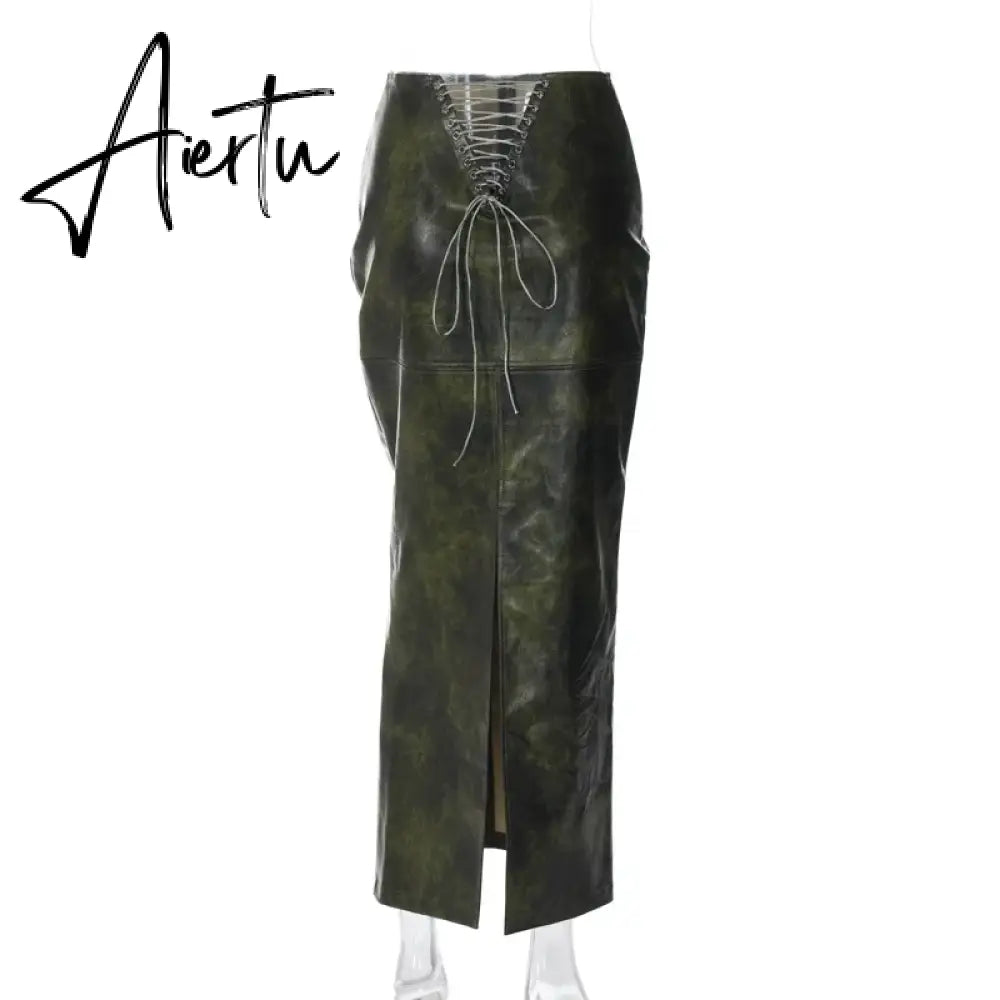 Elegant PU Leather Back Split Maxi Skirts for Women Sexy Bandage Lace Up Fashion Outfits Club Party Skirt Bottom Aiertu