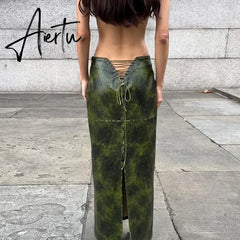 Elegant PU Leather Back Split Maxi Skirts for Women Sexy Bandage Lace Up Fashion Outfits Club Party Skirt Bottom Aiertu