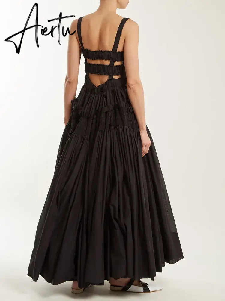Elegant Ruffle Dress For Women Spaghetti Strap Hollow Out Backless High Waist Puff Dresses Female Aiertu