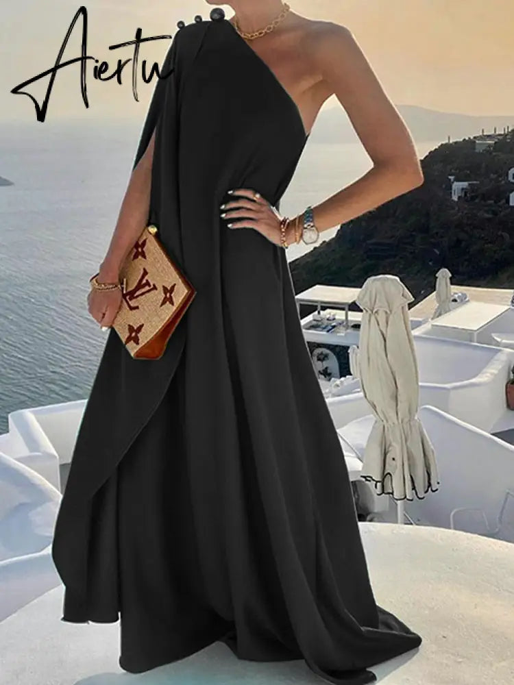 Elegant Sleeveless Loose Irregular Chic Dress Women Slanted Shoulder Dress New Solid Loose Off Shoulder Sundress Cover UP Aiertu