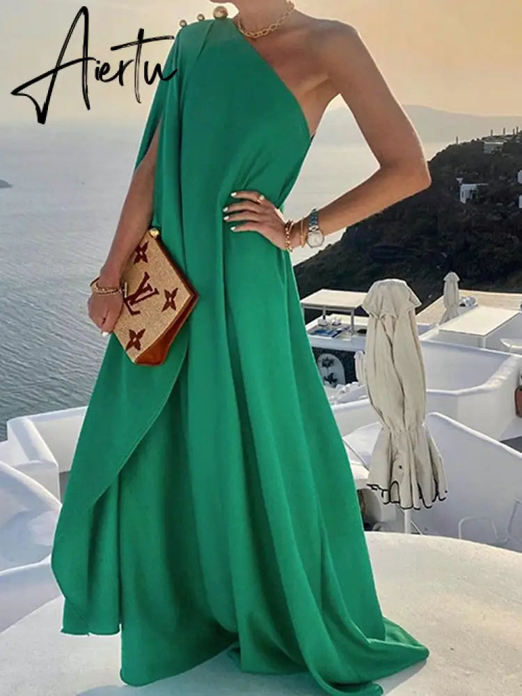 Elegant Sleeveless Loose Irregular Chic Dress Women Slanted Shoulder Dress New Solid Loose Off Shoulder Sundress Cover UP Aiertu