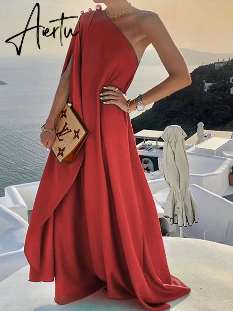 Elegant Sleeveless Loose Irregular Chic Dress Women Slanted Shoulder Dress New Solid Loose Off Shoulder Sundress Cover UP Aiertu