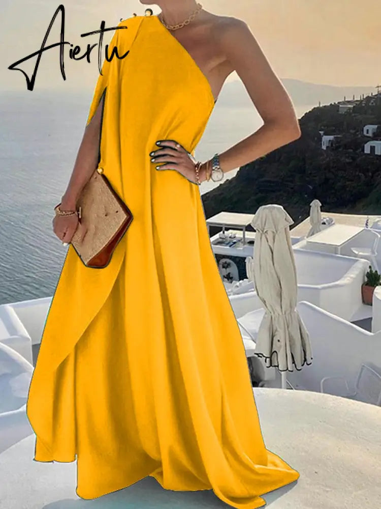 Elegant Sleeveless Loose Irregular Chic Dress Women Slanted Shoulder Dress New Solid Loose Off Shoulder Sundress Cover UP Aiertu