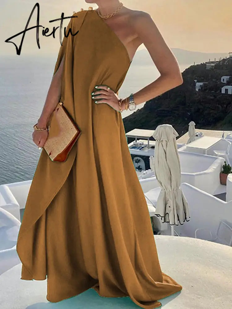 Elegant Sleeveless Loose Irregular Chic Dress Women Slanted Shoulder Dress New Solid Loose Off Shoulder Sundress Cover UP Aiertu
