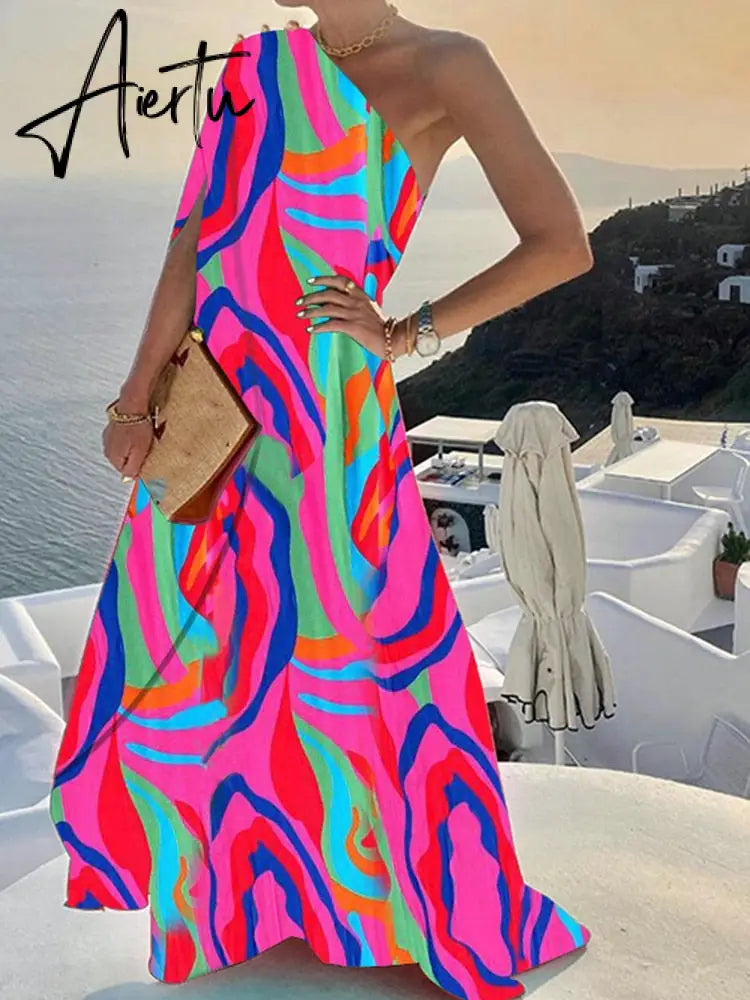 Elegant Sleeveless Loose Irregular Chic Dress Women Slanted Shoulder Dress New Solid Loose Off Shoulder Sundress Cover UP Aiertu