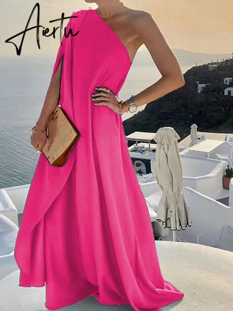 Elegant Sleeveless Loose Irregular Chic Dress Women Slanted Shoulder Dress New Solid Loose Off Shoulder Sundress Cover UP Aiertu