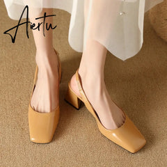 Elegant Slingback Sandals Women Summer Shoes Pink Black Nude Medium Heels Pumps Close Toe Office Party Shoe Female Large Size 45 Aiertu