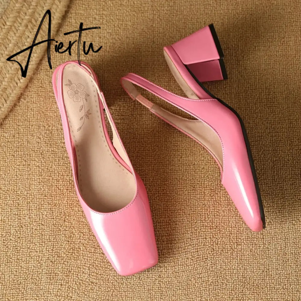 Elegant Slingback Sandals Women Summer Shoes Pink Black Nude Medium Heels Pumps Close Toe Office Party Shoe Female Large Size 45 Aiertu