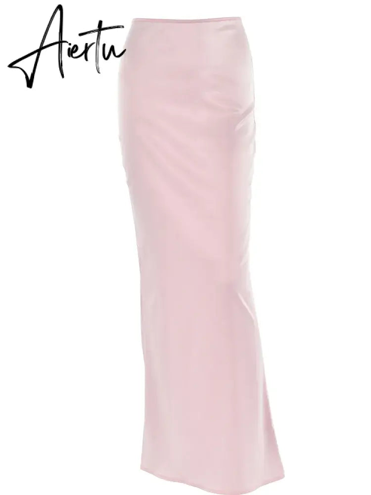 Elegant Solid Satin Women'S Skirt Fashion Slim High Waist Maxi Skirts Elegant Simple Slik Casual Female Clothing Aiertu
