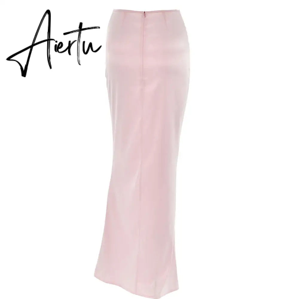 Elegant Solid Satin Women'S Skirt Fashion Slim High Waist Maxi Skirts Elegant Simple Slik Casual Female Clothing Aiertu