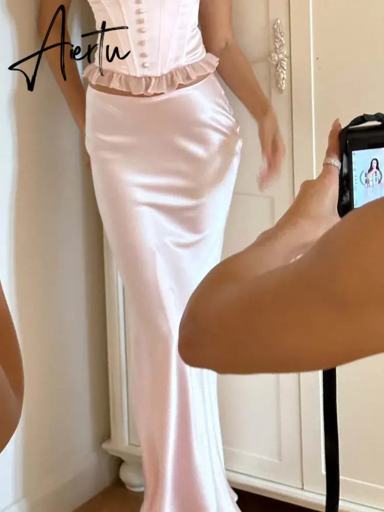 Elegant Solid Satin Women'S Skirt Fashion Slim High Waist Maxi Skirts Elegant Simple Slik Casual Female Clothing Aiertu