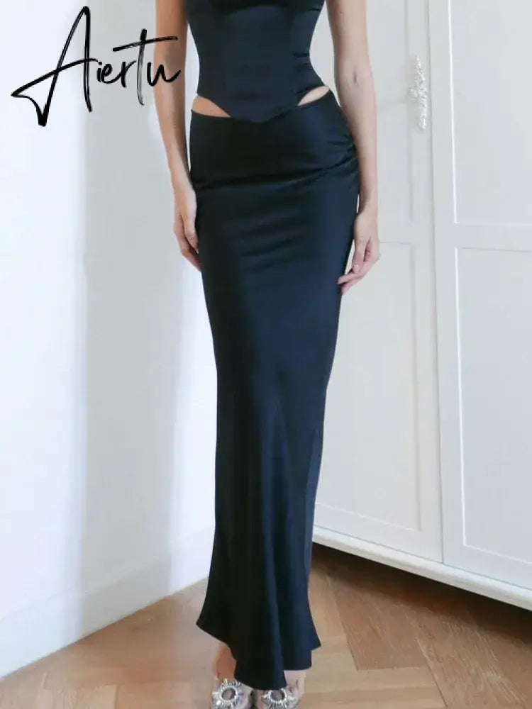 Elegant Solid Satin Women'S Skirt Fashion Slim High Waist Maxi Skirts Elegant Simple Slik Casual Female Clothing Aiertu