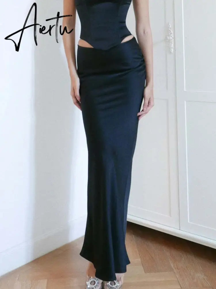 Elegant Solid Satin Women'S Skirt Fashion Slim High Waist Maxi Skirts Elegant Simple Slik Casual Female Clothing Aiertu