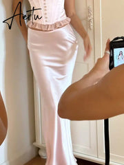Elegant Solid Satin Women'S Skirt Fashion Slim High Waist Maxi Skirts Elegant Simple Slik Casual Female Clothing Aiertu