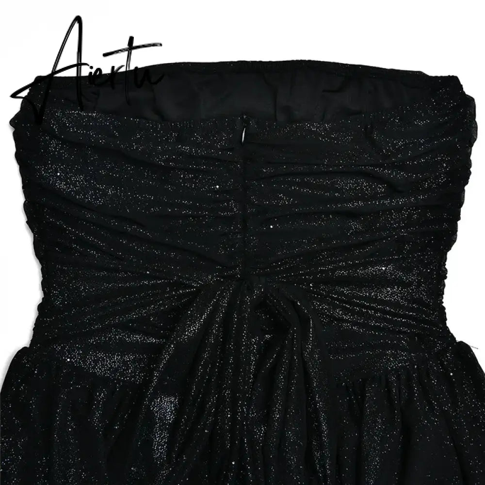 Elegant Strapless Sexy Mini Dress Women Fashion Black Off-shoulder Backless Pleated Sequins Sparkle Club Party Dress Aiertu