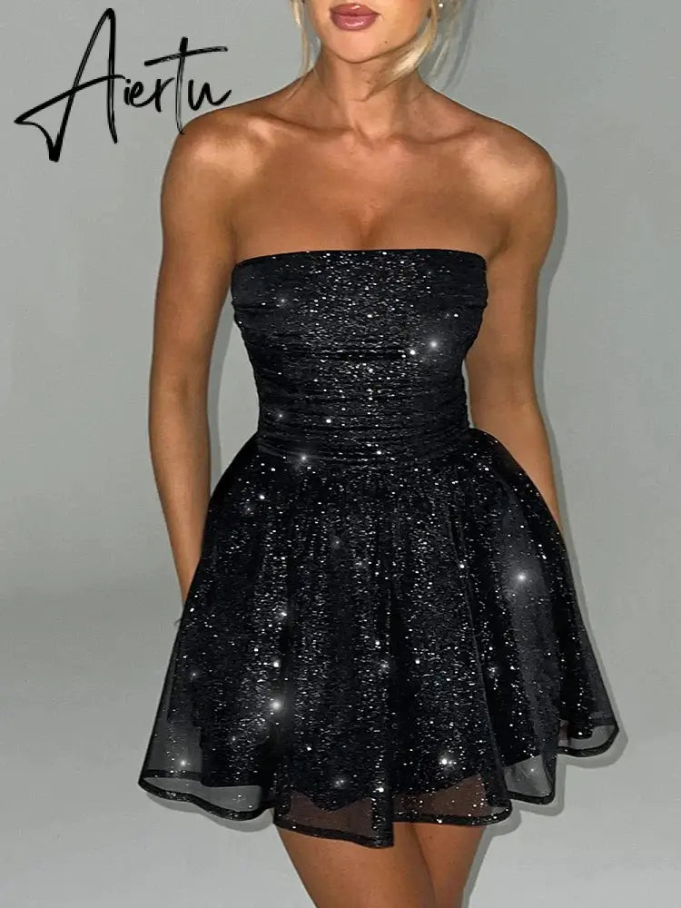 Elegant Strapless Sexy Mini Dress Women Fashion Black Off-shoulder Backless Pleated Sequins Sparkle Club Party Dress Aiertu