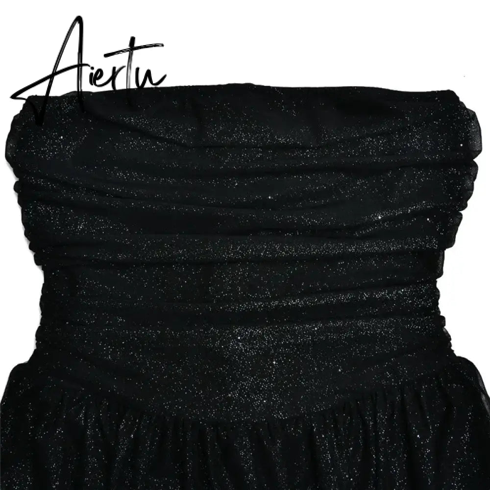 Elegant Strapless Sexy Mini Dress Women Fashion Black Off-shoulder Backless Pleated Sequins Sparkle Club Party Dress Aiertu