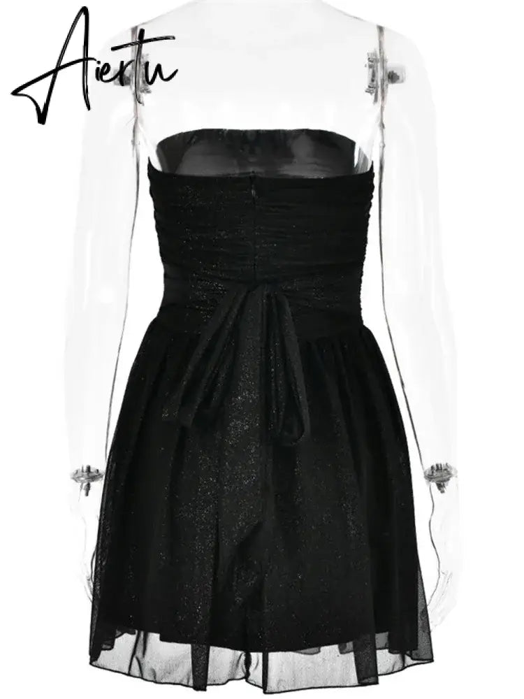 Elegant Strapless Sexy Mini Dress Women Fashion Black Off-shoulder Backless Pleated Sequins Sparkle Club Party Dress Aiertu