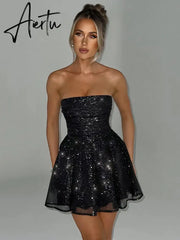 Elegant Strapless Sexy Mini Dress Women Fashion Black Off-shoulder Backless Pleated Sequins Sparkle Club Party Dress Aiertu