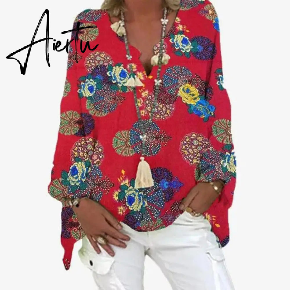 Elegant V-Neck Linen Cotton Women Blouse Shirts Autumn Floral Print Harajuku Tops Female Vintage Casual Long Sleeves Blusa Aiertu