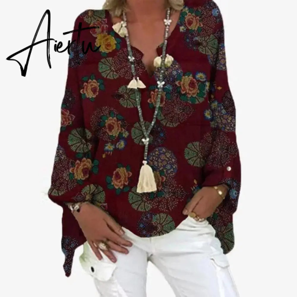 Elegant V-Neck Linen Cotton Women Blouse Shirts Autumn Floral Print Harajuku Tops Female Vintage Casual Long Sleeves Blusa Aiertu